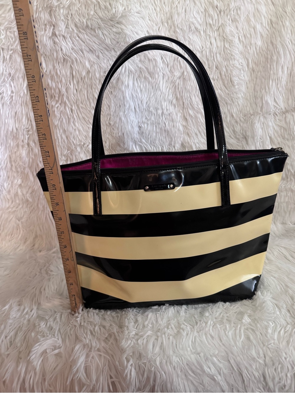 kate spade Black and Cream Striped Patent Tote